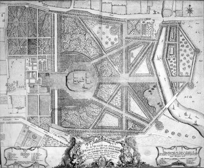 Eine Karte des Königspalastes und der Gärten von Kensington, London, 1736 von John Rocque